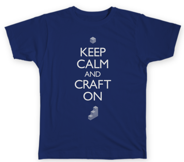 A dark blue shirt that says 'Keep calm and craft on'. There is a small block icon at the top and bottom.